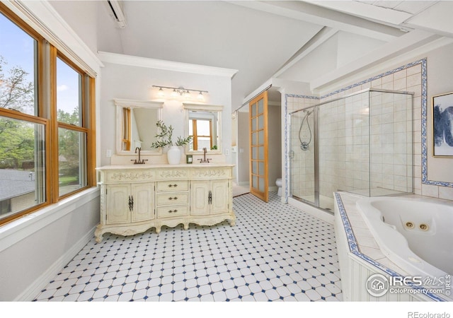 full bath with a stall shower, a whirlpool tub, double vanity, baseboards, and tile patterned floors