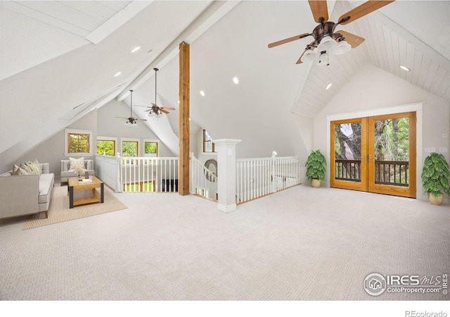 additional living space with ceiling fan, carpet flooring, recessed lighting, and french doors