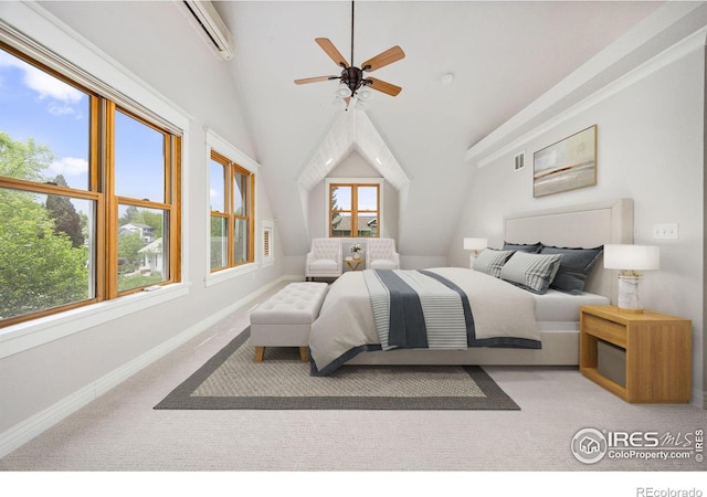 bedroom with an AC wall unit, light carpet, baseboards, lofted ceiling, and a ceiling fan