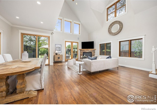 living area with dark wood finished floors, a fireplace, high vaulted ceiling, baseboards, and recessed lighting