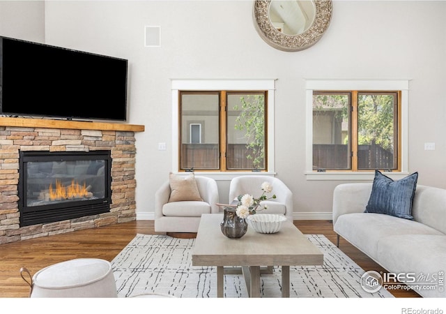 living room with baseboards, wood finished floors, and a fireplace