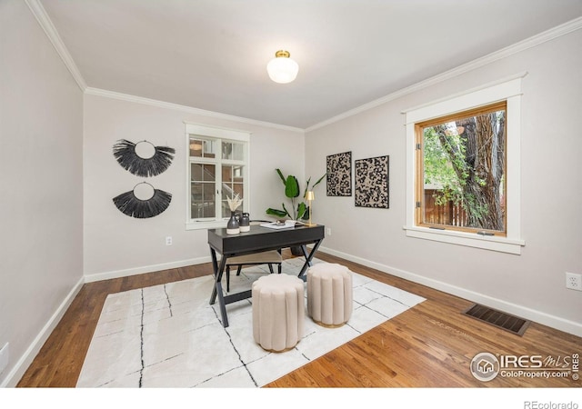 office with wood finished floors, crown molding, and baseboards