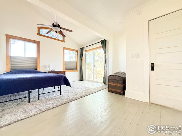 bedroom featuring lofted ceiling, light wood-style flooring, ornamental molding, access to outside, and ceiling fan