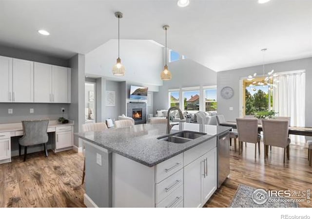 kitchen with a sink, stainless steel dishwasher, a lit fireplace, wood finished floors, and white cabinetry