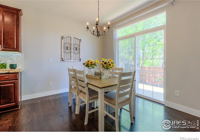 489 Hayloft Way, Brighton, CO 80601 - dining room featuring a chandelier, baseboards, and dark wood-style flooring