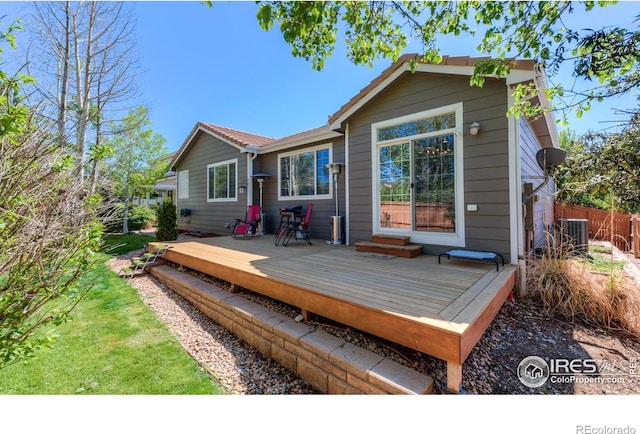 489 Hayloft Way, Brighton, CO 80601 - rear view of house featuring fence, central air condition unit, and a deck