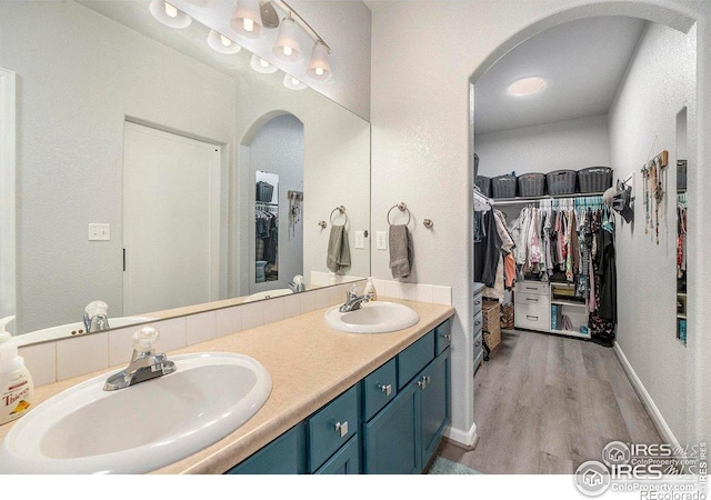 bathroom with wood finished floors, double vanity, and a spacious closet