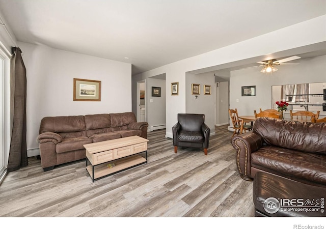 809 E Drake Rd Unit 107, Fort Collins, CO 80525 - living area featuring light wood-type flooring, a baseboard radiator, ceiling fan, and baseboards
