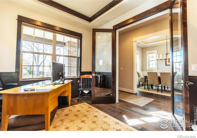 1152 S Ogden St, Denver, CO 80210 - office area featuring crown molding and dark wood-style flooring