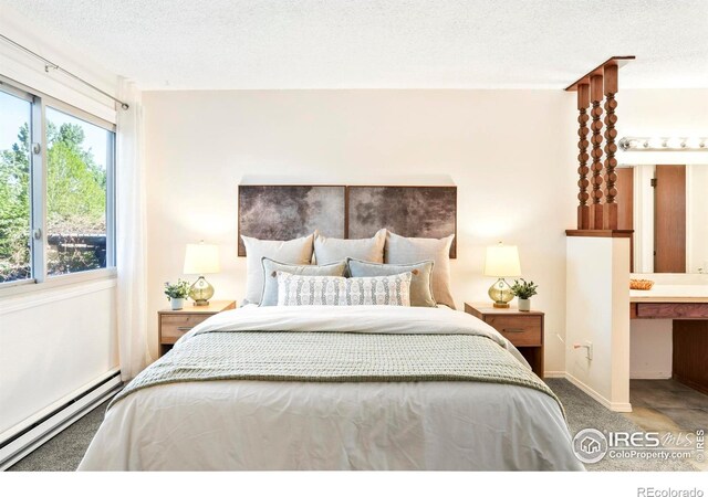 821 Hayden Ct, Longmont, CO 80503 - bedroom with a baseboard heating unit, carpet, a textured ceiling, baseboards, and ensuite bathroom
