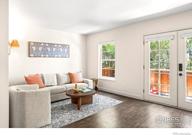 living area with french doors, wood finished floors, and baseboards