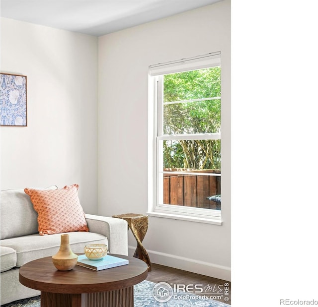 living area featuring wood finished floors and baseboards