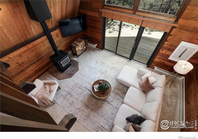 living area featuring wooden walls, carpet, and a wood stove