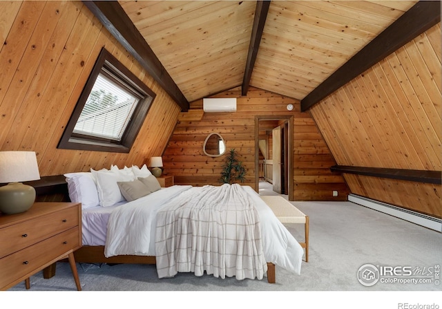 bedroom featuring carpet, wooden walls, baseboard heating, wooden ceiling, and a wall unit AC