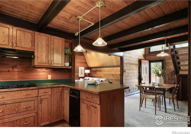 kitchen with under cabinet range hood, dark countertops, beamed ceiling, a peninsula, and wood walls