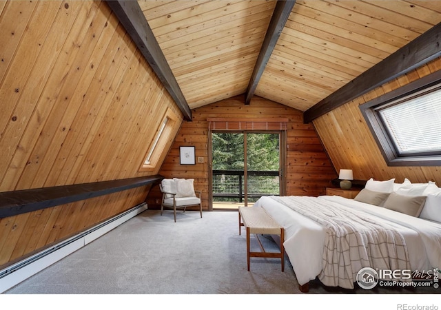 bedroom with a baseboard heating unit, wooden walls, carpet flooring, and wood ceiling
