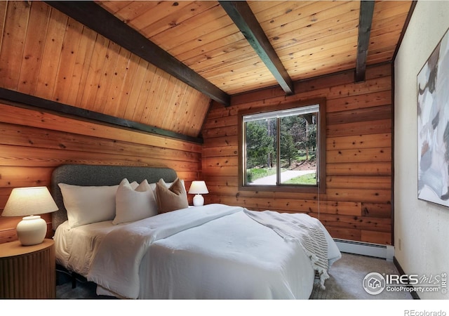 carpeted bedroom with baseboard heating and wooden ceiling