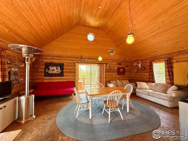 4911 Storm Mountain Dr, Drake, CO 80515 - carpeted dining space featuring wooden ceiling, high vaulted ceiling, and rustic walls
