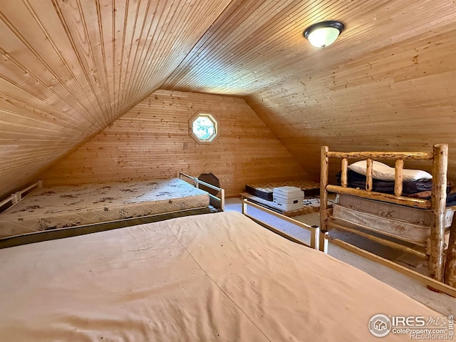 4911 Storm Mountain Dr, Drake, CO 80515 - bedroom featuring vaulted ceiling, wooden ceiling, and wooden walls