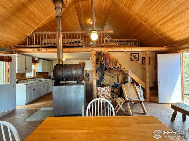 4911 Storm Mountain Dr, Drake, CO 80515 - dining room featuring wood ceiling and vaulted ceiling