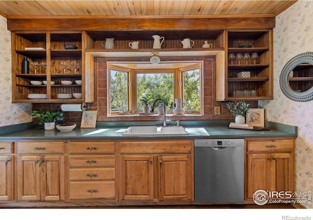 4743 Jay Rd, Boulder, CO 80301 - kitchen with wallpapered walls, stainless steel dishwasher, open shelves, a sink, and wood ceiling