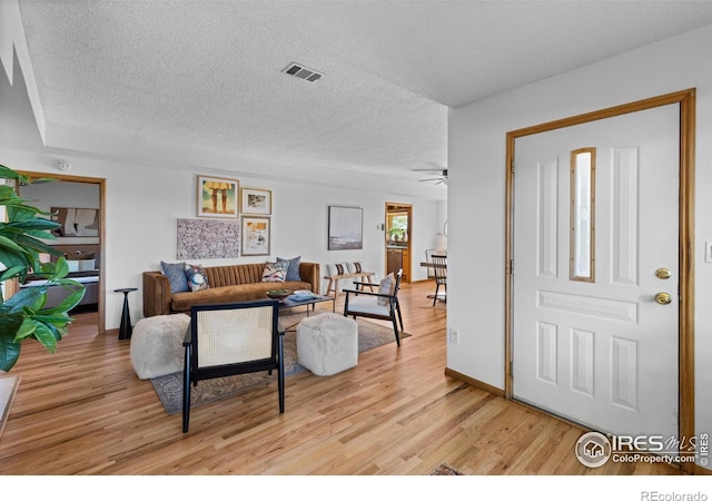 4743 Jay Rd, Boulder, CO 80301 - living area featuring light wood-type flooring, a textured ceiling, and a ceiling fan