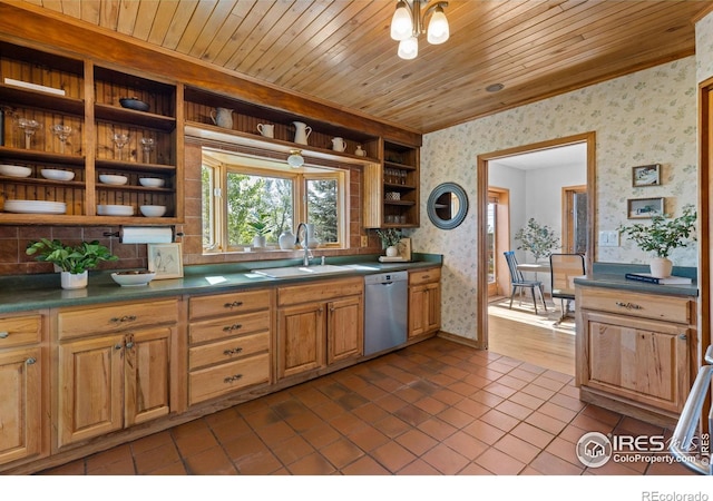 4743 Jay Rd, Boulder, CO 80301 - kitchen featuring wallpapered walls, open shelves, stainless steel dishwasher, a sink, and dark countertops