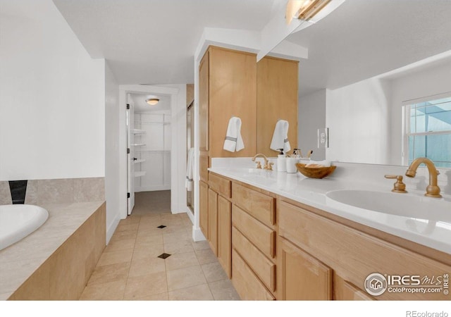 bathroom with tile patterned flooring, a shower stall, double vanity, and a bath