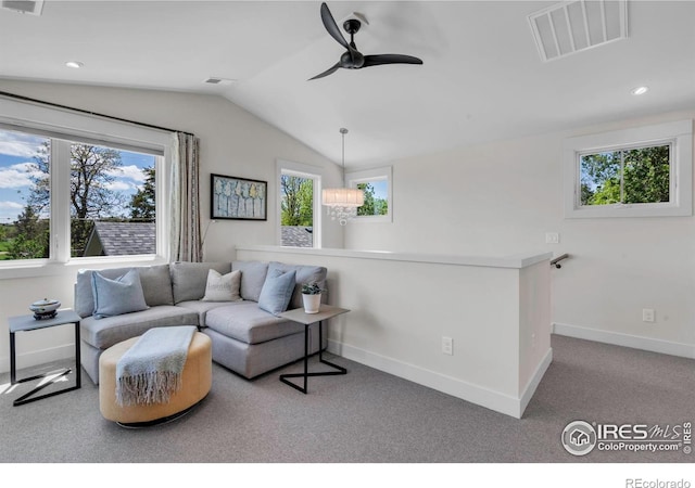 living room with ceiling fan, plenty of natural light, lofted ceiling, baseboards, and recessed lighting