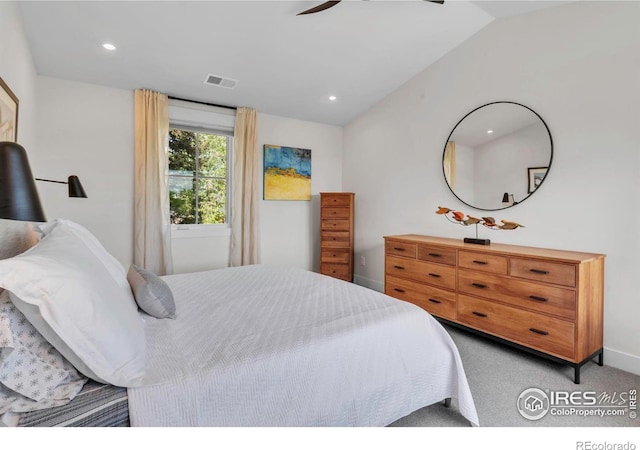 bedroom featuring baseboards, recessed lighting, light colored carpet, and a ceiling fan