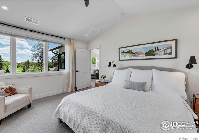 bedroom with lofted ceiling, recessed lighting, baseboards, and carpet