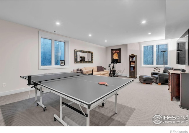 game room featuring carpet floors, baseboards, and recessed lighting