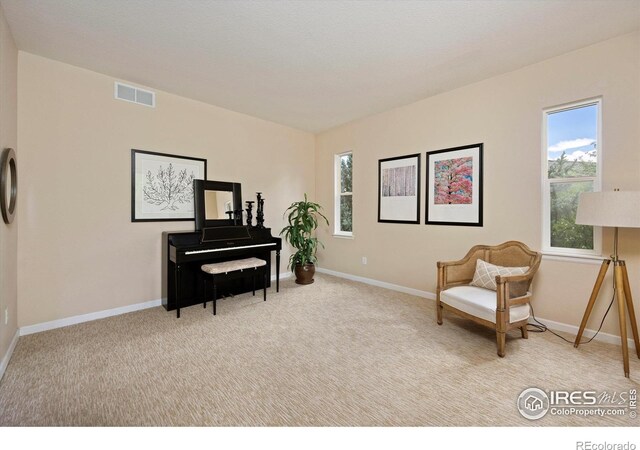 sitting room with light colored carpet and baseboards