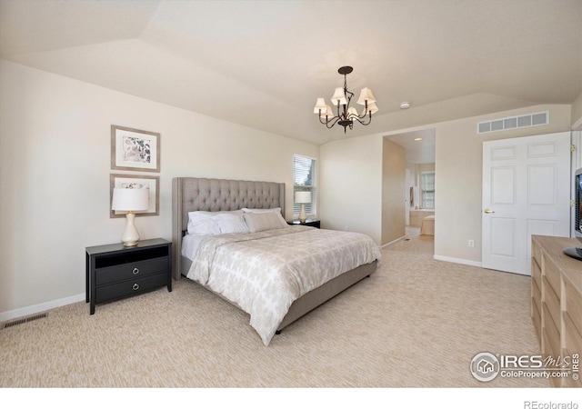 bedroom with a chandelier, light carpet, baseboards, and lofted ceiling