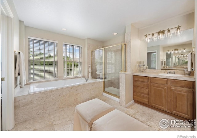full bath featuring a garden tub, a shower stall, vanity, tile patterned floors, and recessed lighting