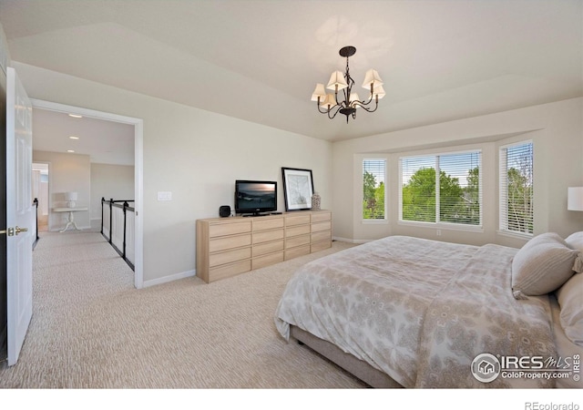 bedroom featuring a chandelier, baseboards, carpet flooring, vaulted ceiling, and recessed lighting