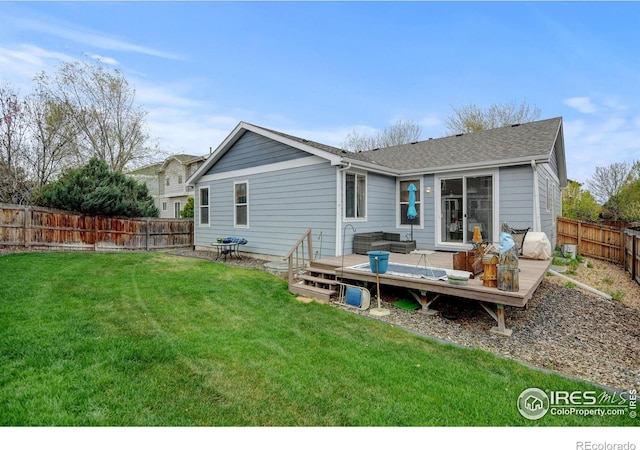 4312 Windmill Dr, Brighton, CO 80601 - rear view of house featuring a deck, roof with shingles, and outdoor lounge area