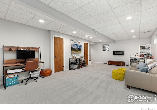 300 E Cleveland St, Lafayette, CO 80026 - carpeted living area featuring recessed lighting, a paneled ceiling, and baseboards