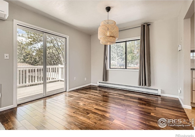 unfurnished dining area with baseboard heating, hardwood / wood-style flooring, baseboards, and a wall unit AC