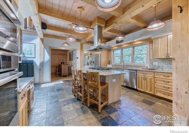 1057 Reed Ranch Rd, Boulder, CO 80302 - kitchen with stainless steel appliances, wooden ceiling, island exhaust hood, a sink, and beamed ceiling