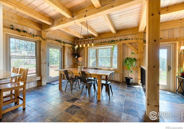 1057 Reed Ranch Rd, Boulder, CO 80302 - dining room with wood ceiling, wood walls, beam ceiling, and stone tile floors