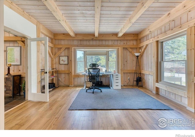 1057 Reed Ranch Rd, Boulder, CO 80302 - office space featuring healthy amount of natural light, wood finished floors, beamed ceiling, wooden walls, and wood ceiling