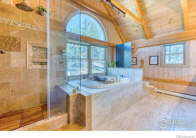 1057 Reed Ranch Rd, Boulder, CO 80302 - full bath with tiled shower, wooden ceiling, a garden tub, beam ceiling, and wooden walls