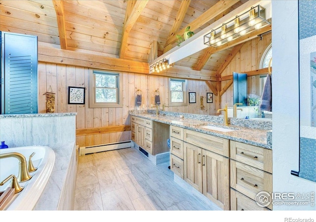 1057 Reed Ranch Rd, Boulder, CO 80302 - bathroom featuring a baseboard heating unit, wooden ceiling, healthy amount of natural light, wooden walls, and vanity