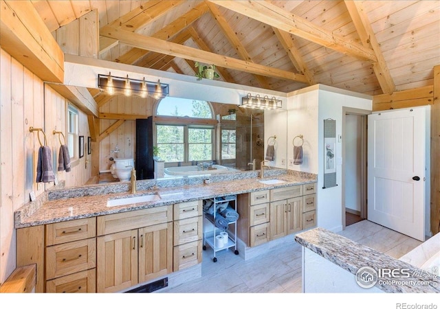 1057 Reed Ranch Rd, Boulder, CO 80302 - full bathroom with wooden ceiling, vanity, and wood walls