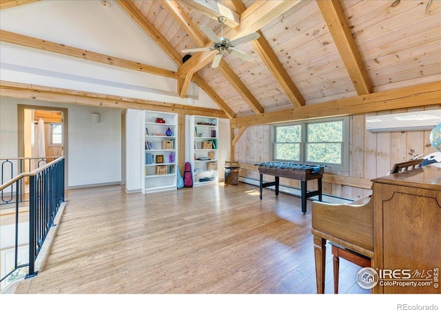 1057 Reed Ranch Rd, Boulder, CO 80302 - game room with light wood-style floors, high vaulted ceiling, beamed ceiling, wood ceiling, and a wall unit AC