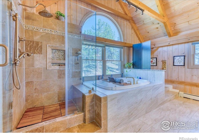 1057 Reed Ranch Rd, Boulder, CO 80302 - full bathroom with a shower stall, a bath, wooden walls, and wood ceiling