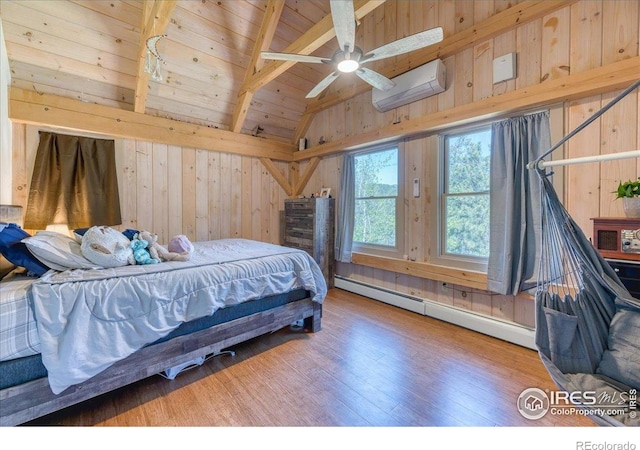 1057 Reed Ranch Rd, Boulder, CO 80302 - bedroom featuring an AC wall unit, wooden walls, wood ceiling, a baseboard heating unit, and wood finished floors