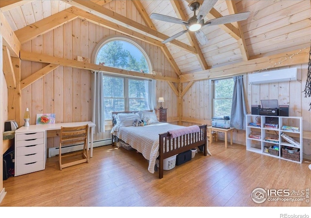 1057 Reed Ranch Rd, Boulder, CO 80302 - bedroom featuring wooden walls, wood finished floors, beam ceiling, wood ceiling, and high vaulted ceiling