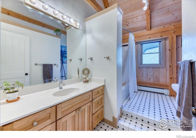 1057 Reed Ranch Rd, Boulder, CO 80302 - full bath with a baseboard heating unit, wood walls, vanity, tile patterned floors, and shower / tub combo with curtain